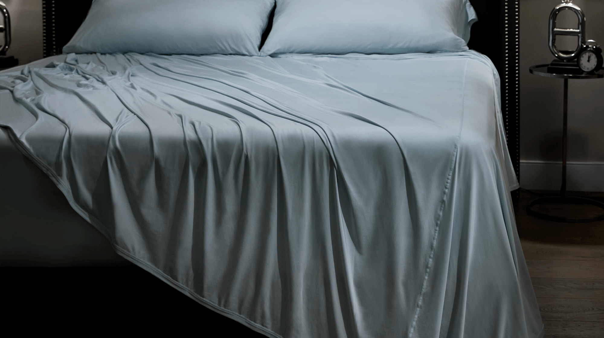 Midnight Label flat sheet shown in Spa Blue