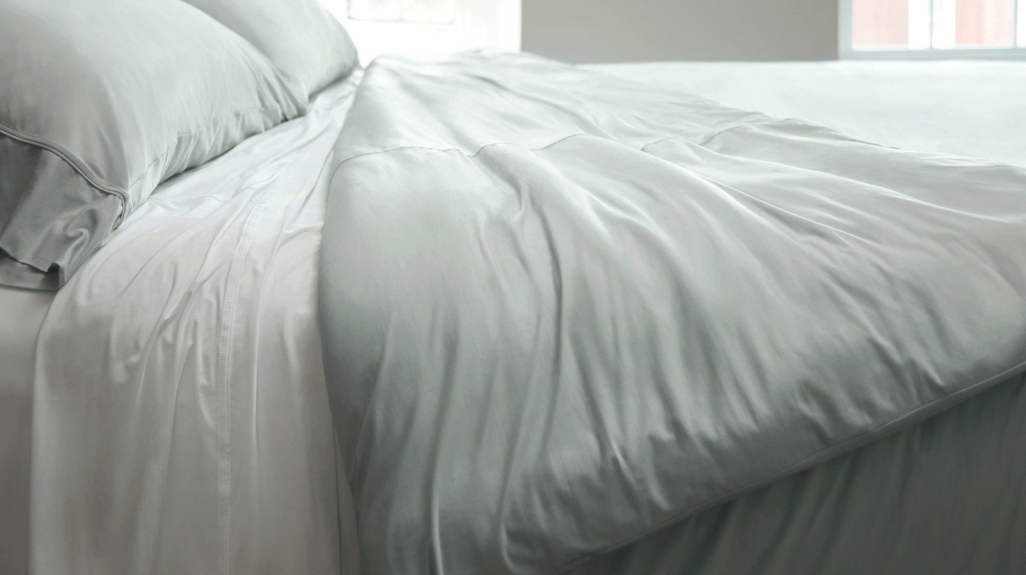 Midnight Label Duvet shown in Mist Gray