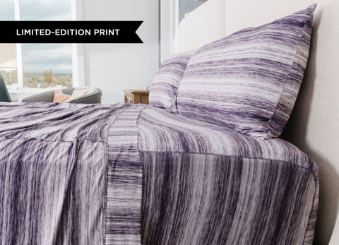 Original Performance Sheet Set on bed image Shown in Royal Plum Shadow Stripe #choose-your-color_royal-plum-shadow-stripe