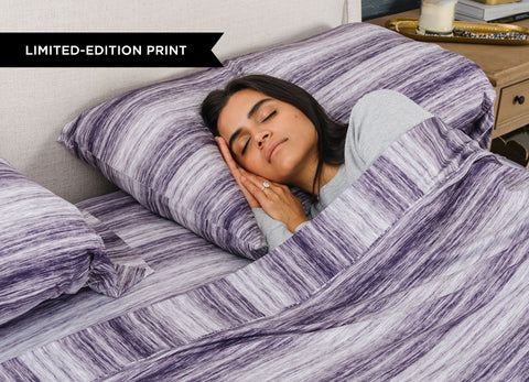 Original Performance Sheet Set on bed image Shown in Royal Plum Shadow Stripe #choose-your-color_royal-plum-shadow-stripe