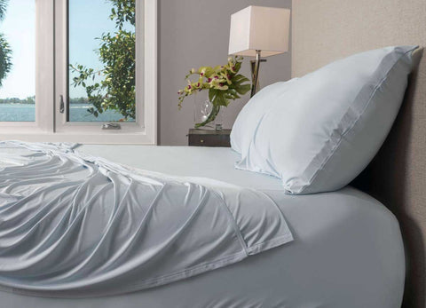 Active Comfort Sheet Set shown on bed #choose-your-color_blue-frost