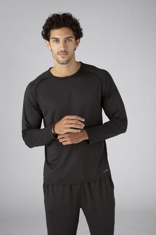 Model wearing SHEEX Men's Long Sleeve Tee in Black #choose-your-color_black