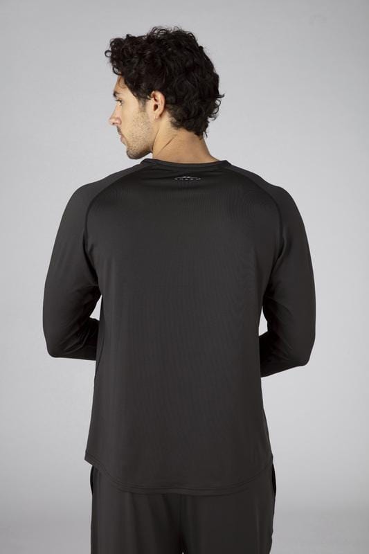 Model wearing SHEEX Men's Long Sleeve Tee in Black #choose-your-color_black