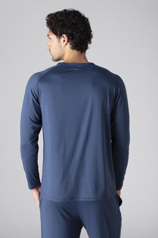 Model wearing SHEEX Men's Long Sleeve Tee in Slate Blue #choose-your-color_slate-blue