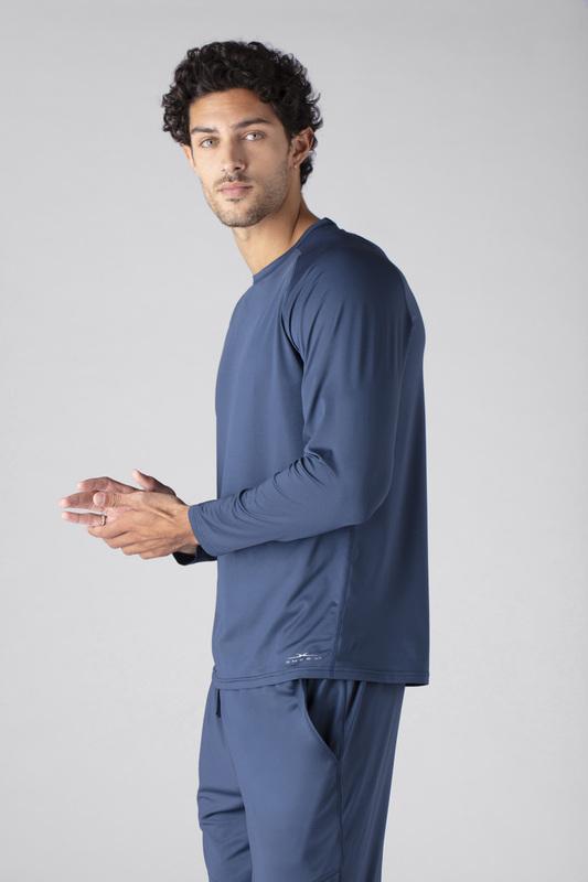 Model wearing SHEEX Men's Long Sleeve Tee in Slate Blue #choose-your-color_slate-blue