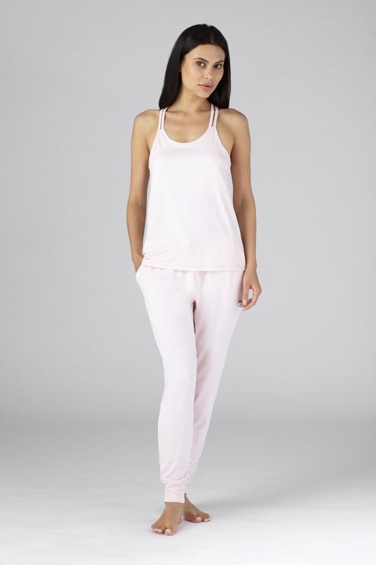 Model wearing SHEEX Women's Modern Jogger shown in blush-pink #choose-your-color_blush-pink